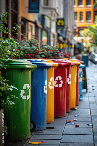 A row of trash cans with the word recycle on them. The trash cans are of different colors and are lined up on a sidewalk