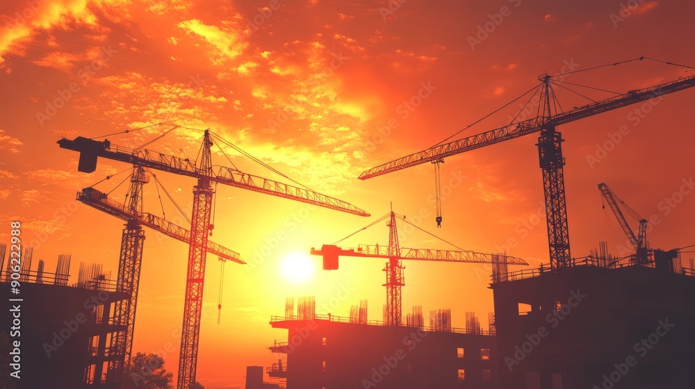 A construction site with cranes and a sun in the background A construction site with cranes and a sun in the background