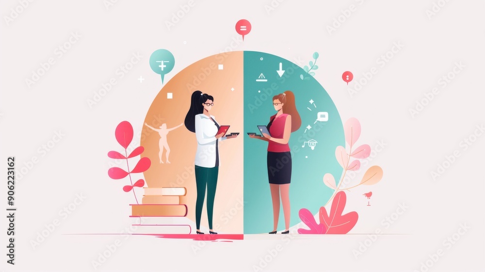 Gender equality in tech, balanced tech team, flat design illustration Gender equality in tech, balanced tech team, flat design illustration