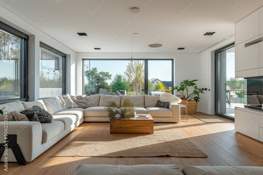 Elegant Scandinavian-Style Living Room with Sofa, Coffee Table, and Wooden Floors, Adorned with Big Window and White Interior. Elegant Scandinavian-Style Living Room with Sofa, Coffee Table, and Wooden Floors, Adorned with Big Window and White Interior.