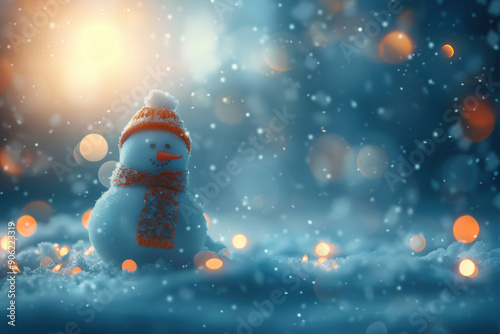 Snowy Background with Snowman and Lights