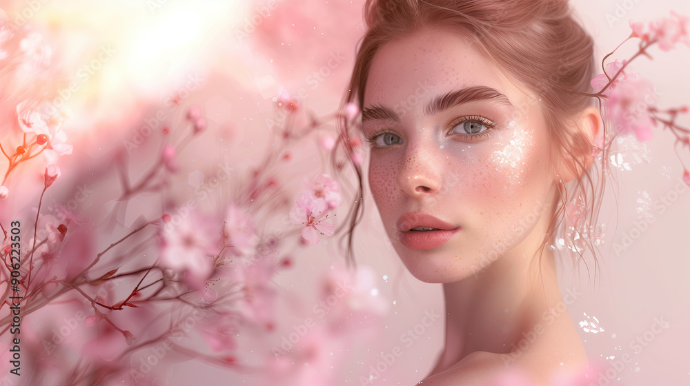 Beautiful Model with Dewy Glowing Skin on a Clean Minimalist Background Surrounded by Floating L-Theanine Extracts for Hyper-Realistic Skincare Advertisement Beautiful Model with Dewy Glowing Skin on a Clean Minimalist Background Surrounded by Floating L-Theanine Extracts for Hyper-Realistic Skincare Advertisement