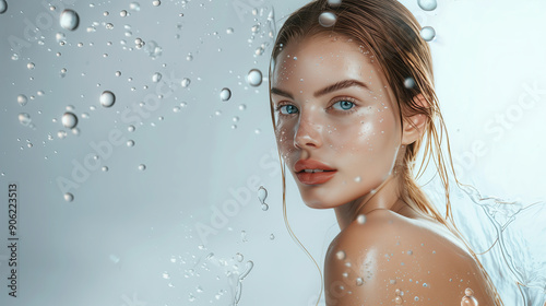 Elegant Model Displaying Dewy Glowing Skin in a Soft Minimalist Setting with Floating L-Theanine Extracts, Perfect for Skincare Promotion photo