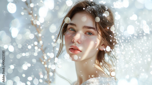 Hyper-Realistic Skincare Image Featuring a Model with Radiant Skin on a Minimalist Background with Floating L-Theanine Extracts and Copy Space photo