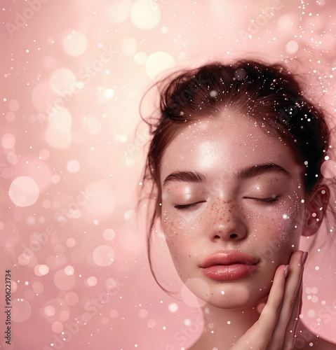 Beautiful Model with Dewy Glowing Skin on Soft Minimalist Background Surrounded by Floating L-Carnitine Extracts for Skincare Promotion photo