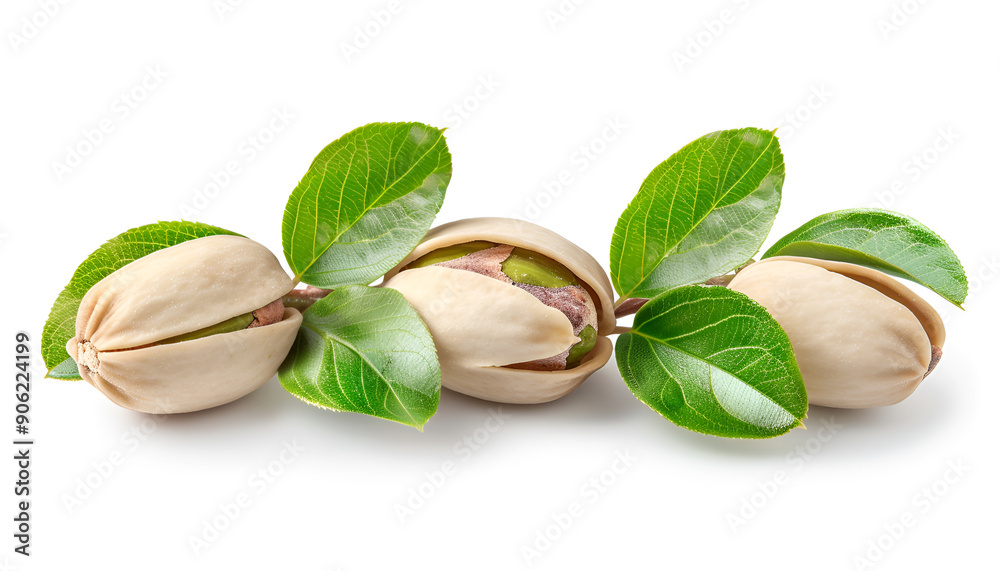 Fototapeta premium Pistachios decorated with green leaves isolated on white background, top view. Flat lay