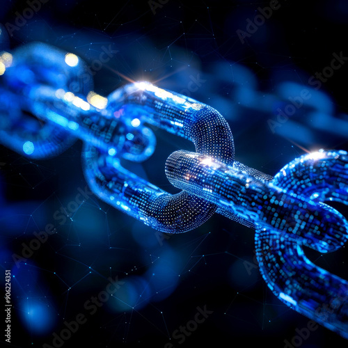 A close-up view of a digital blue chain symbolizing connectivity and technology in blockchain or data transfer.