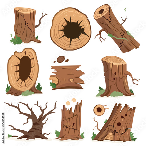 Collection various tree stumps logs, detailed wood textures, leaves scattered around, lumber, forestry logging themed elements, tree rings visible, stump log crosssections. Various