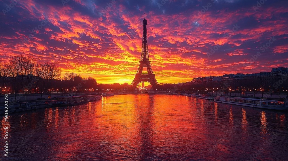 A serene sunset over the Seine River with the Eiffel Tower silhouetted against the sky A serene sunset over the Seine River with the Eiffel Tower silhouetted against the sky