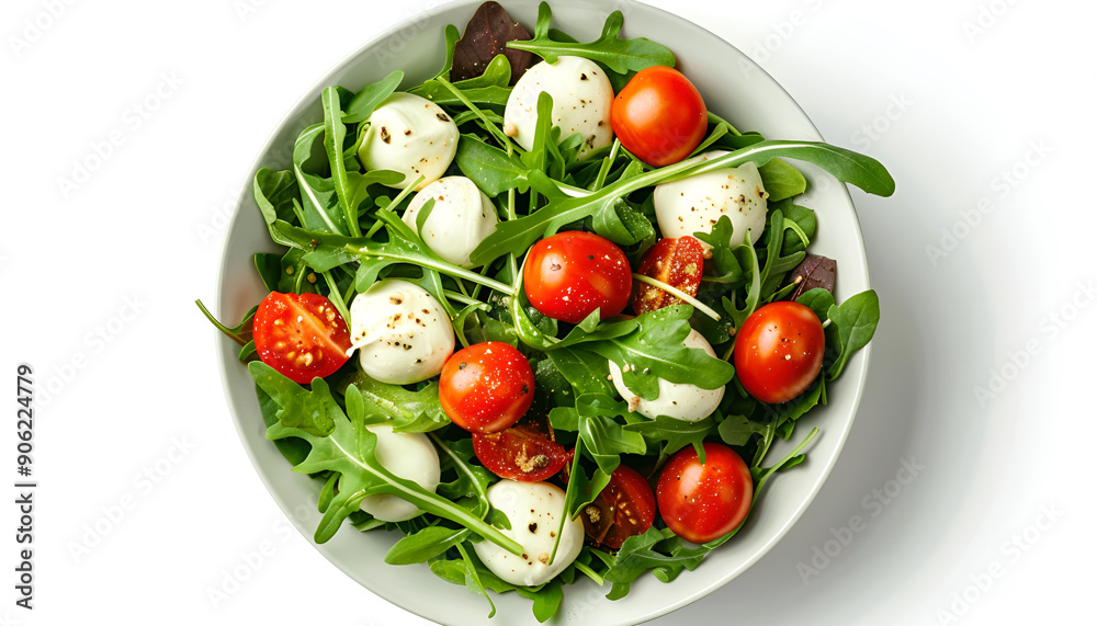 Mix salad - arugula, spinach, chard, cherry tomatoes and mozzarella in the bowl isolated on white background. Top view. Flat lay Mix salad - arugula, spinach, chard, cherry tomatoes and mozzarella in the bowl isolated on white background. Top view. Flat lay