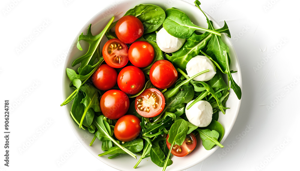 Mix salad - arugula, spinach, chard, cherry tomatoes and mozzarella in the bowl isolated on white background. Top view. Flat lay Mix salad - arugula, spinach, chard, cherry tomatoes and mozzarella in the bowl isolated on white background. Top view. Flat lay