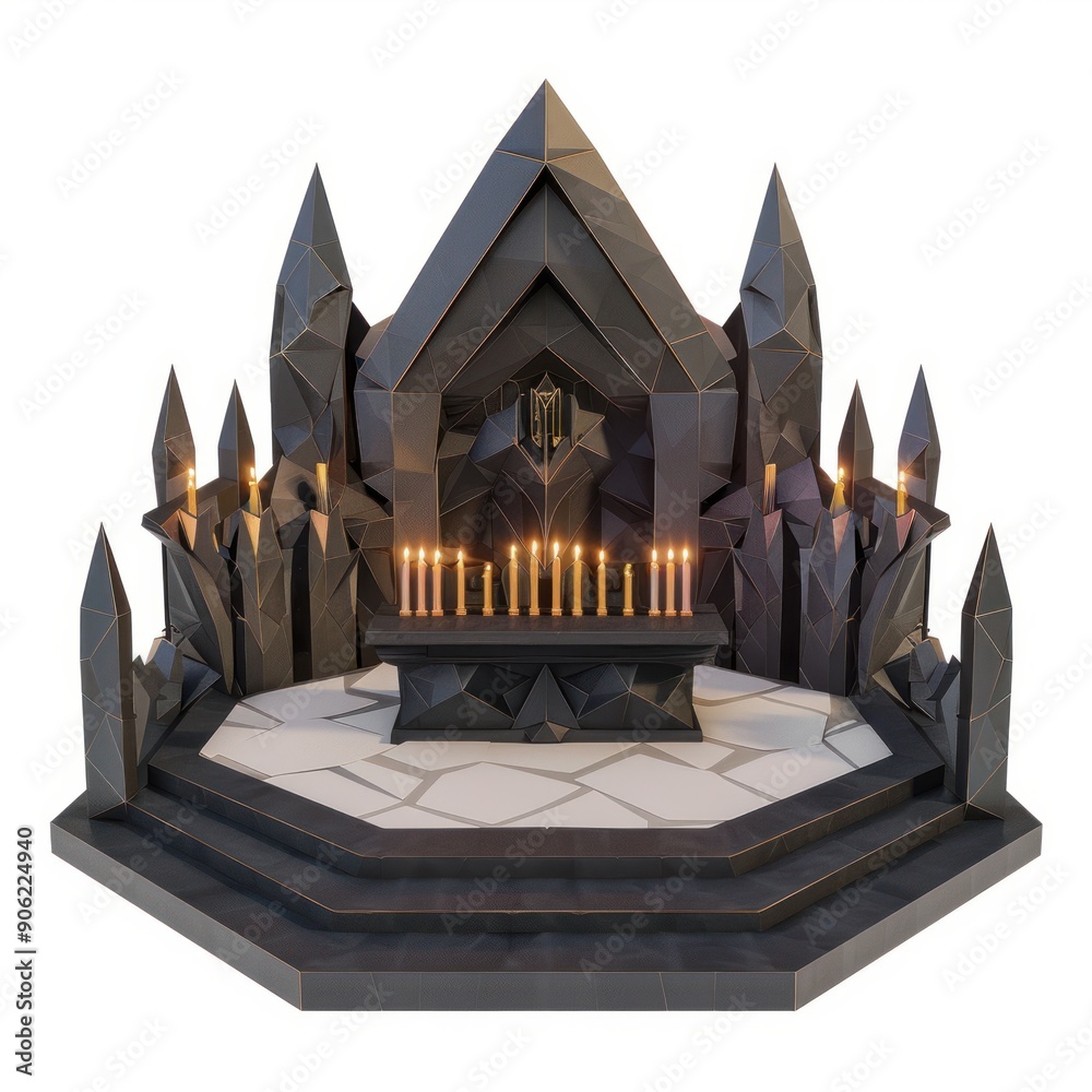 3D Render, Low Poly style of a dark sacrificial altar room, on isolated white background