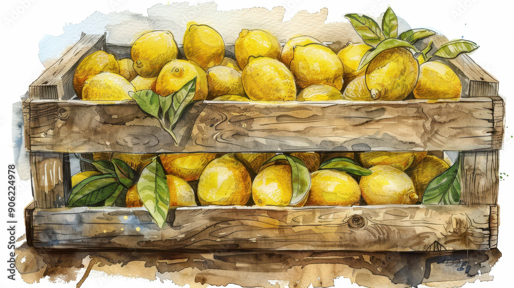 Fototapeta premium A crate full of lemons with leaves on top. The crate is wooden and has a rustic feel. The lemons are ripe and ready to be eaten. Concept of freshness and abundance