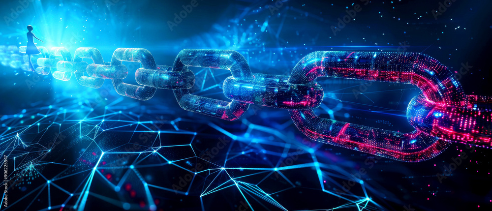 Futuristic visualization of a blockchain with interconnected links in glowing blue and pink colors, representing innovation and technology. Futuristic visualization of a blockchain with interconnected links in glowing blue and pink colors, representing innovation and technology.