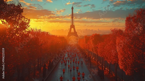 A vibrant depiction of a marathon in Paris with cheering crowds photo