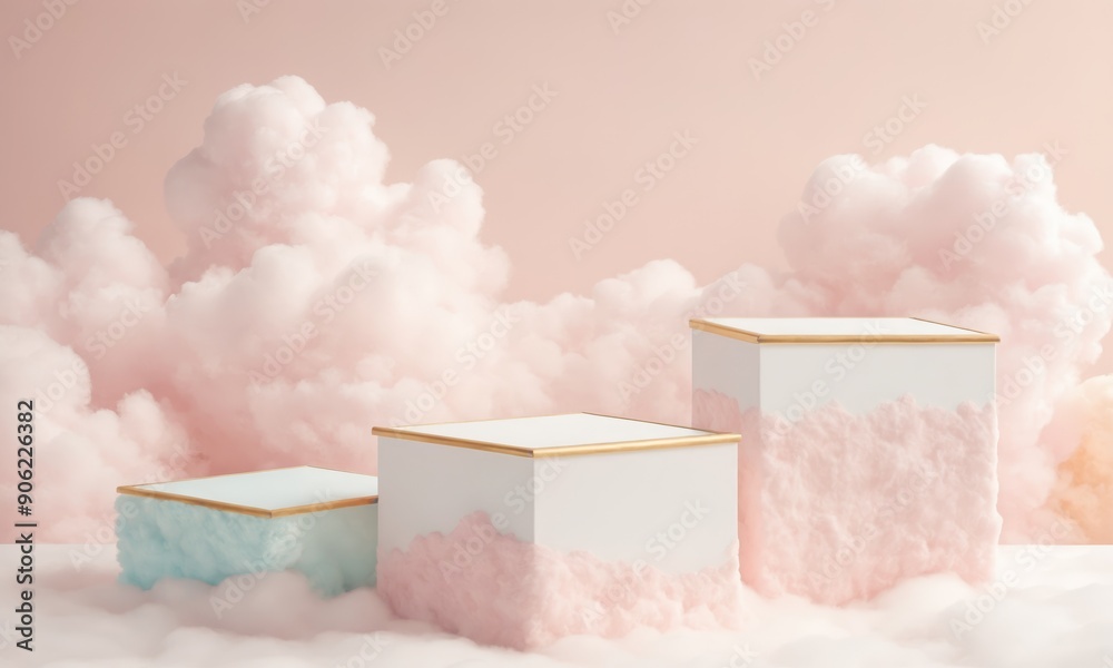 Three white podiums with gold trim sit on a fluffy abstract cloud background Three white podiums with gold trim sit on a fluffy abstract cloud background