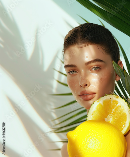 Gorgeous Model with Luminous Dewy Skin Set Against Clean Background Surrounded by Floating Bromelain Extracts for Beauty Marketing photo