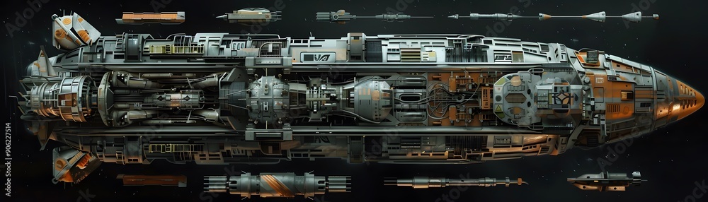 Futuristic spaceship from top view, showcasing highly detailed design and intricate components. Perfect for sci-fi and space travel enthusiasts. Futuristic spaceship from top view, showcasing highly detailed design and intricate components. Perfect for sci-fi and space travel enthusiasts.