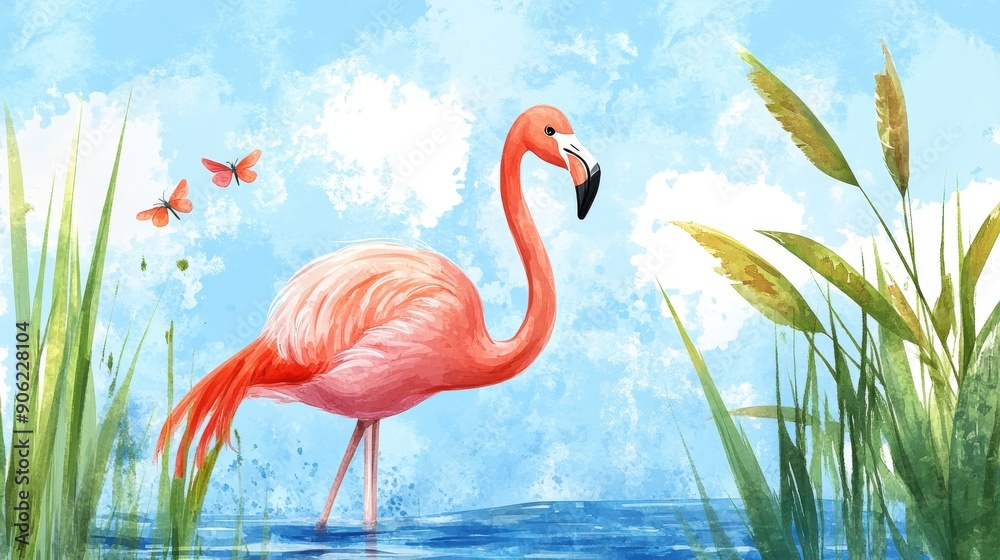 Fototapeta premium A vibrant illustration of a flamingo standing gracefully by the water, surrounded by lush greenery and butterflies in a serene landscape.