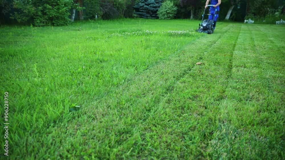 A professional lawnmower in a blue uniform mows the lawn with a lawnmower in the backyard of a country house A professional lawnmower in a blue uniform mows the lawn with a lawnmower in the backyard of a country house