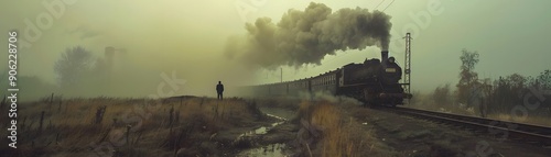 Vintage steam train traveling through foggy countryside, with a lone figure standing near the tracks, evoking a sense of nostalgia and solitude.