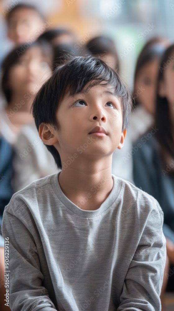 A young boy looks upward with curiosity while attending a school event surrounded by classmates A young boy looks upward with curiosity while attending a school event surrounded by classmates