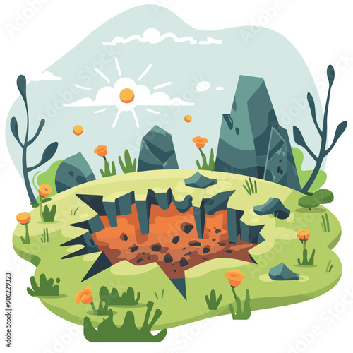 Cartoon illustration ground crack caused earthquake green landscape, sun mountains background, natural disaster theme. Bright colors depict catastrophic ground fissure, crumbling earth, disaster