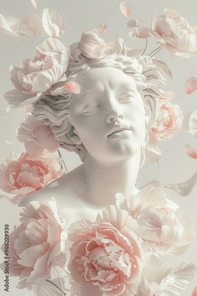 A serene white statue adorned with pink and white peonies evokes relaxation and beauty A serene white statue adorned with pink and white peonies evokes relaxation and beauty