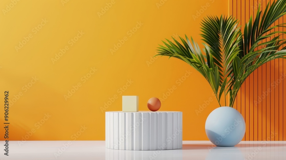 Playful orange and white backdrop with rotating podium and colorful cube in geometric landscape. Playful orange and white backdrop with rotating podium and colorful cube in geometric landscape.