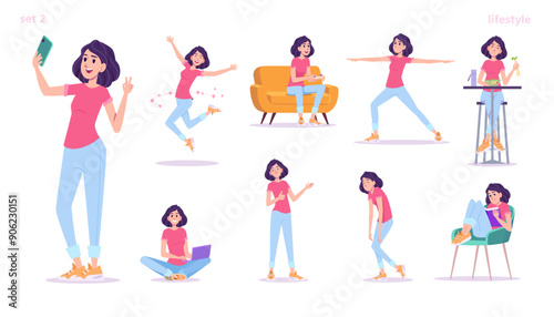 Young charming female or women in casual clothes, action and poses set. Modern flat style