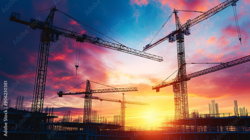 A construction site with cranes and a beautiful sunset in the background A construction site with cranes and a beautiful sunset in the background