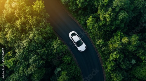 Wallpaper Mural A white car is driving down a winding road through a forest Torontodigital.ca