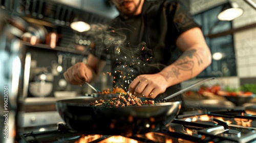 Obraz na płótnie A Gen Z chef cooking a trendy recipe in a stylish, modern kitchen w salonie