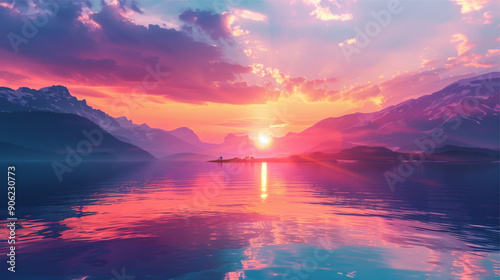 image of a tranquil natural landscape featuring a vibrant sunset over mountains and a calm lake