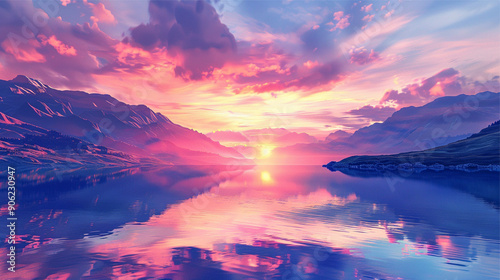 image of a tranquil natural landscape featuring a vibrant sunset over mountains and a calm lake