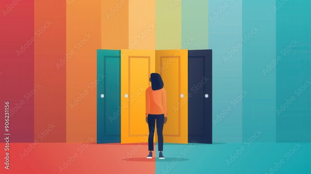 Options, person looking at various doors, flat design illustration Options, person looking at various doors, flat design illustration