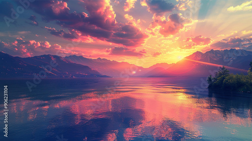 image of a tranquil natural landscape featuring a vibrant sunset over mountains and a calm lake