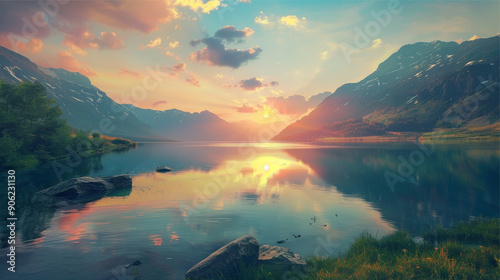image of a tranquil natural landscape featuring a vibrant sunset over mountains and a calm lake