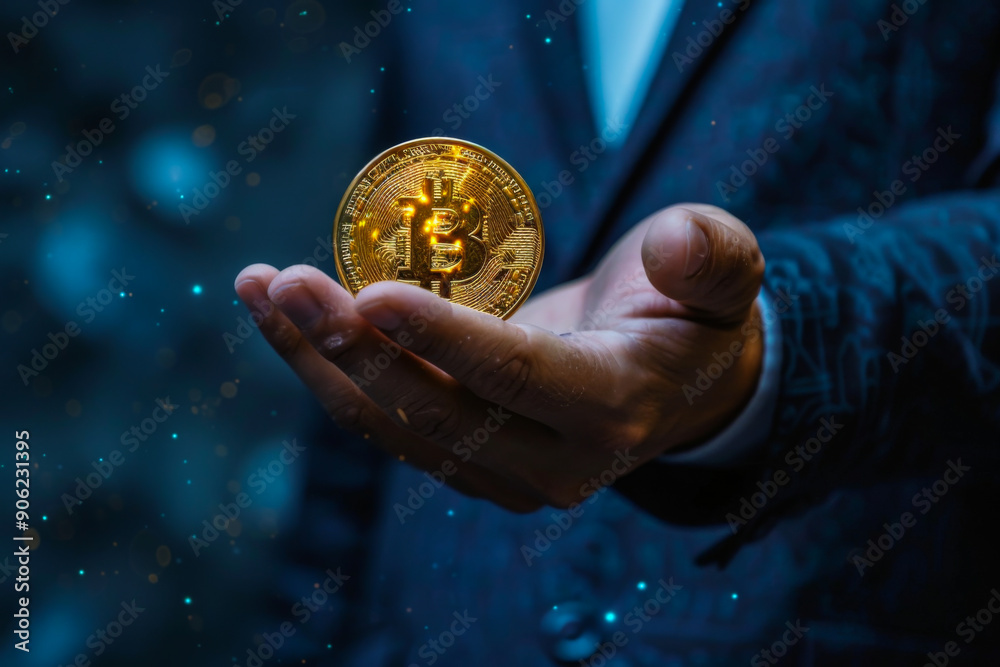 man in rich suit showing bitcoin coin in own hand and yellow forex trading graphic down on the background man in rich suit showing bitcoin coin in own hand and yellow forex trading graphic down on the background