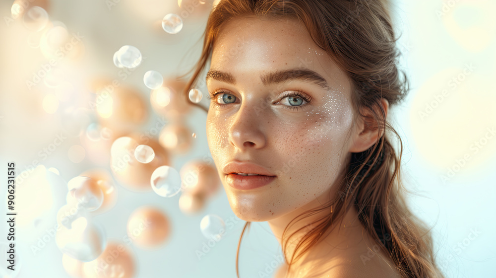 Beautiful Model with Dewy Glowing Skin on Clean Soft Background Surrounded by Floating Vitamin B12 Extracts for Skincare and Beauty Beautiful Model with Dewy Glowing Skin on Clean Soft Background Surrounded by Floating Vitamin B12 Extracts for Skincare and Beauty