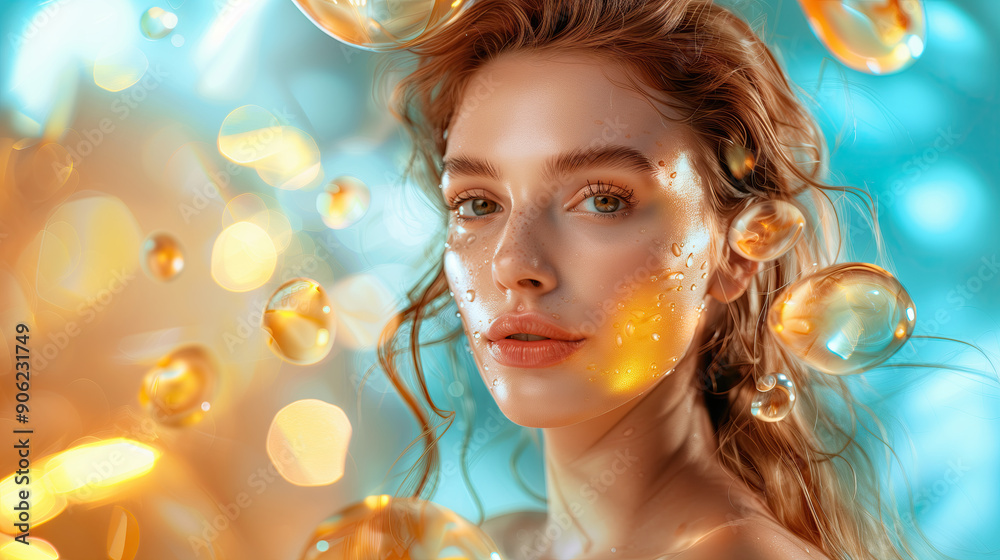 Beautiful Model with Dewy Glowing Skin Surrounded by Floating Vitamin E Extracts on a Soft Minimalist Background Beautiful Model with Dewy Glowing Skin Surrounded by Floating Vitamin E Extracts on a Soft Minimalist Background