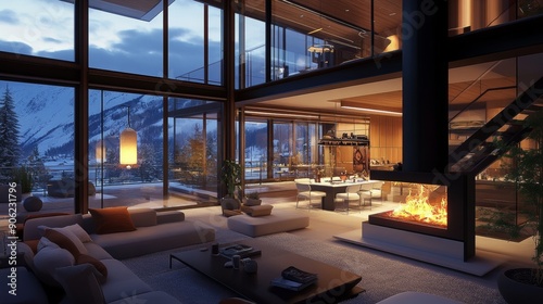 A large, modern home with a fireplace and a large living room