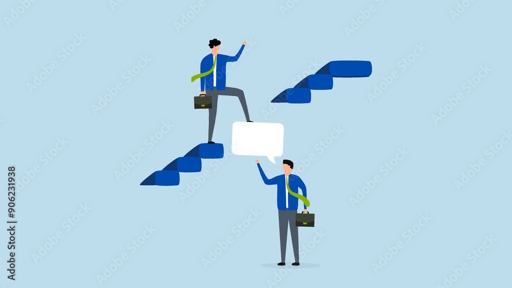 intelligence information to solve business problem, 4k animation of business expert using speech bubbles to climb the ladder to success. intelligence information to solve business problem, 4k animation of business expert using speech bubbles to climb the ladder to success.