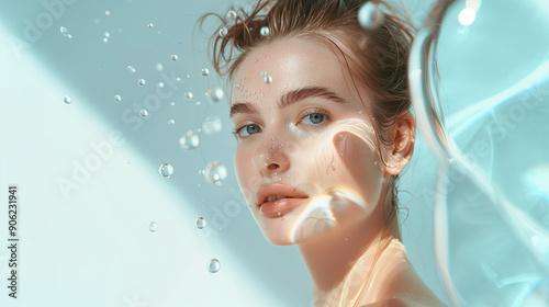 Elegant Model with Radiant Dewy Skin Posing Against Soft Clean Background with Floating Calcium Extracts in Minimalist Setting