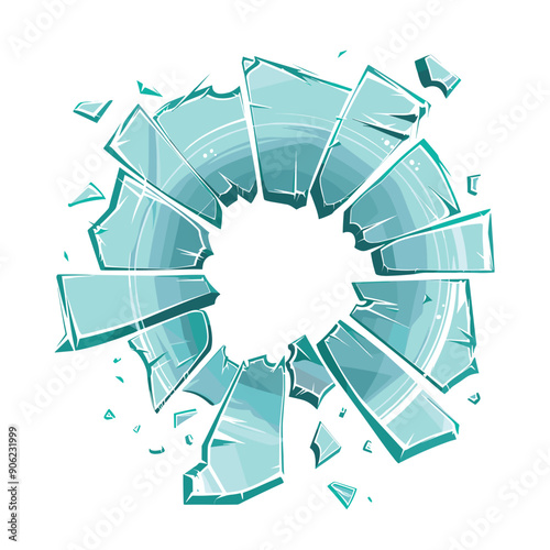 Broken glass shards spread out circular pattern. Shattered turquoise glass pieces resembling broken window. Exploding effect sharp fragments flying outward