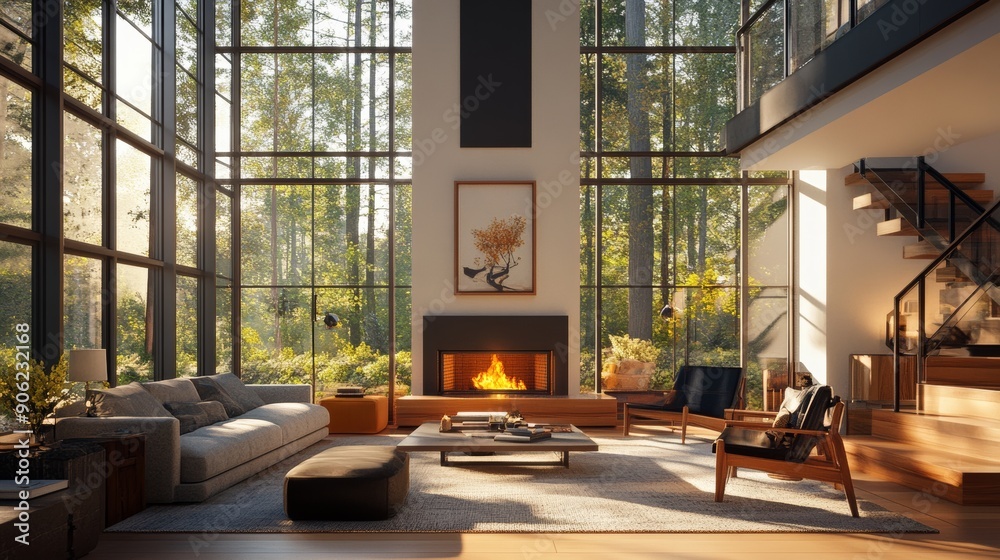 A large living room with a fireplace and a view of the forest A large living room with a fireplace and a view of the forest