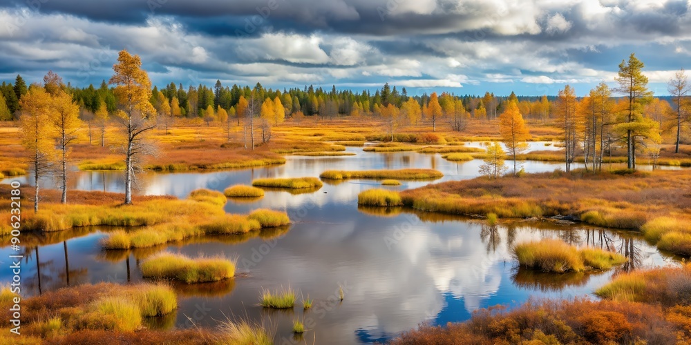 Fototapeta premium Landscape with trees and swamp in autumn Polar region Russia Creative AI