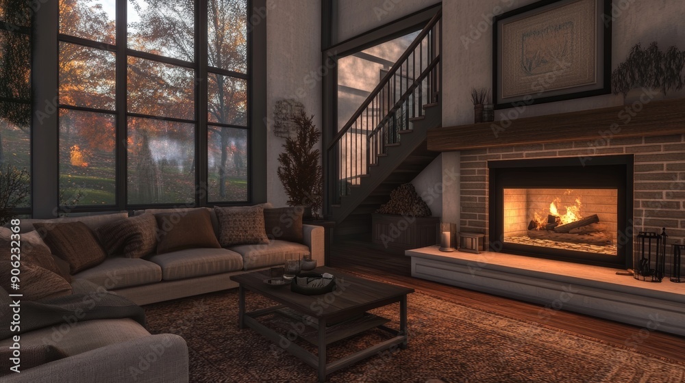 A cozy living room with a fireplace and a staircase leading up to it A cozy living room with a fireplace and a staircase leading up to it