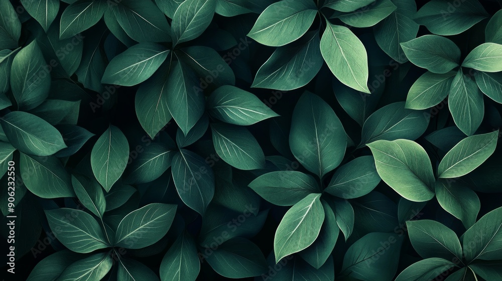 A close up of green leaves with a dark background A close up of green leaves with a dark background