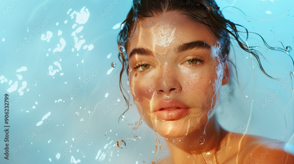Stunning Model with Glowing Dewy Skin Against a Clean Soft Background Surrounded by Iodine Extracts in a Minimalist Style Stunning Model with Glowing Dewy Skin Against a Clean Soft Background Surrounded by Iodine Extracts in a Minimalist Style